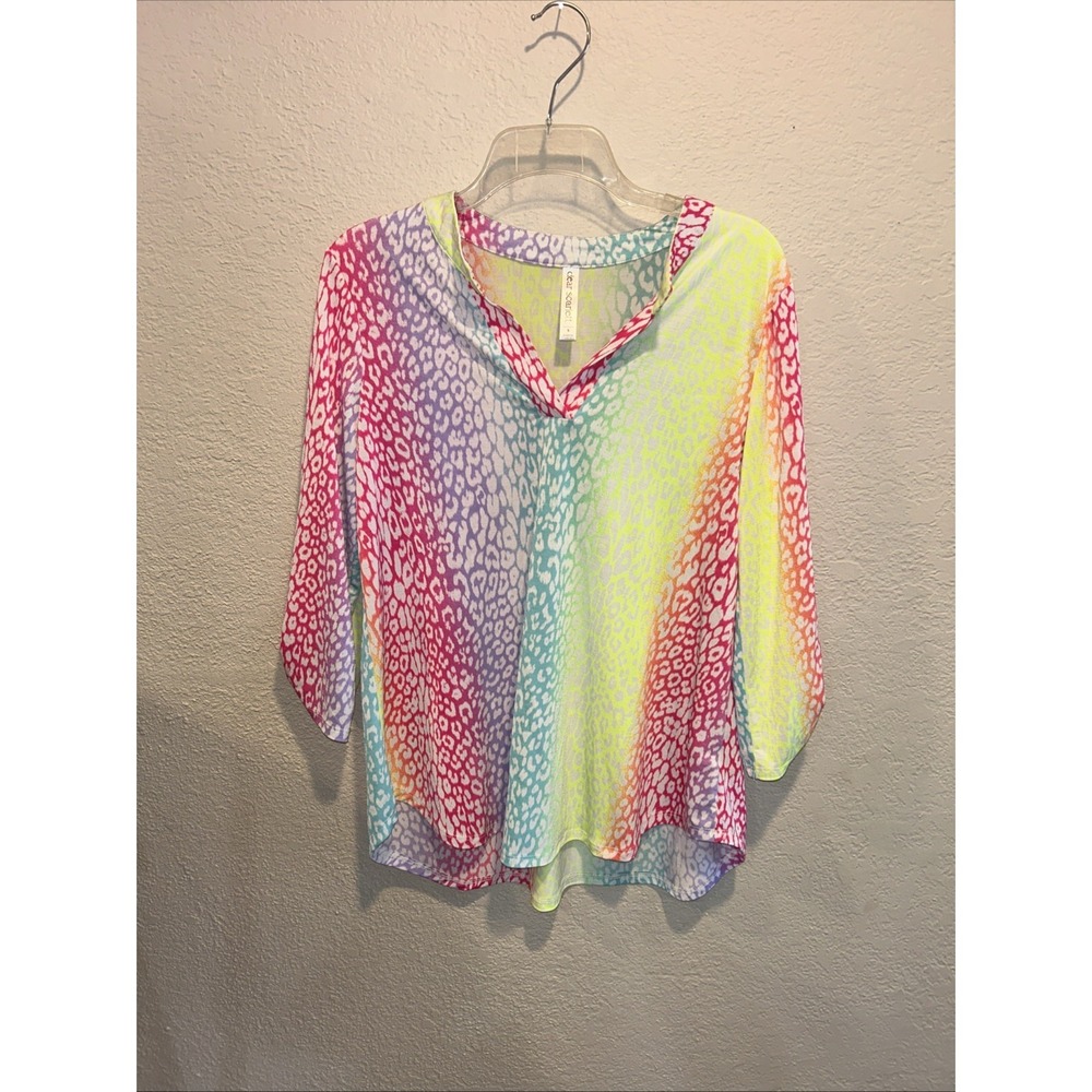 Dear Scarlett Multi Color Neon Animal Print Lizzie Top Small 3/4 Sleeve V Neck S